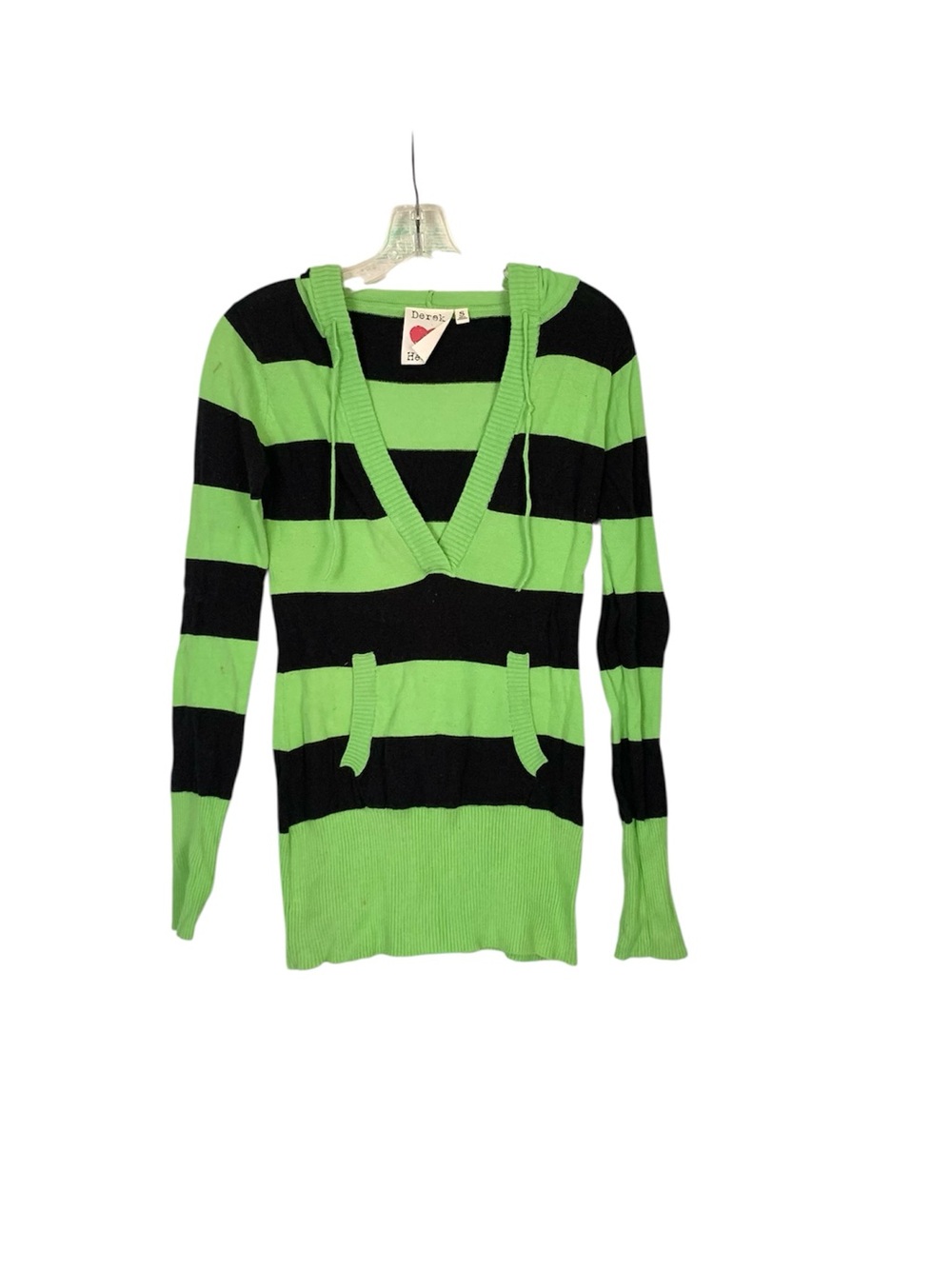 Derek Heart Lime Green/Black Striped Hooded Lightweight Blouse Pullover Small